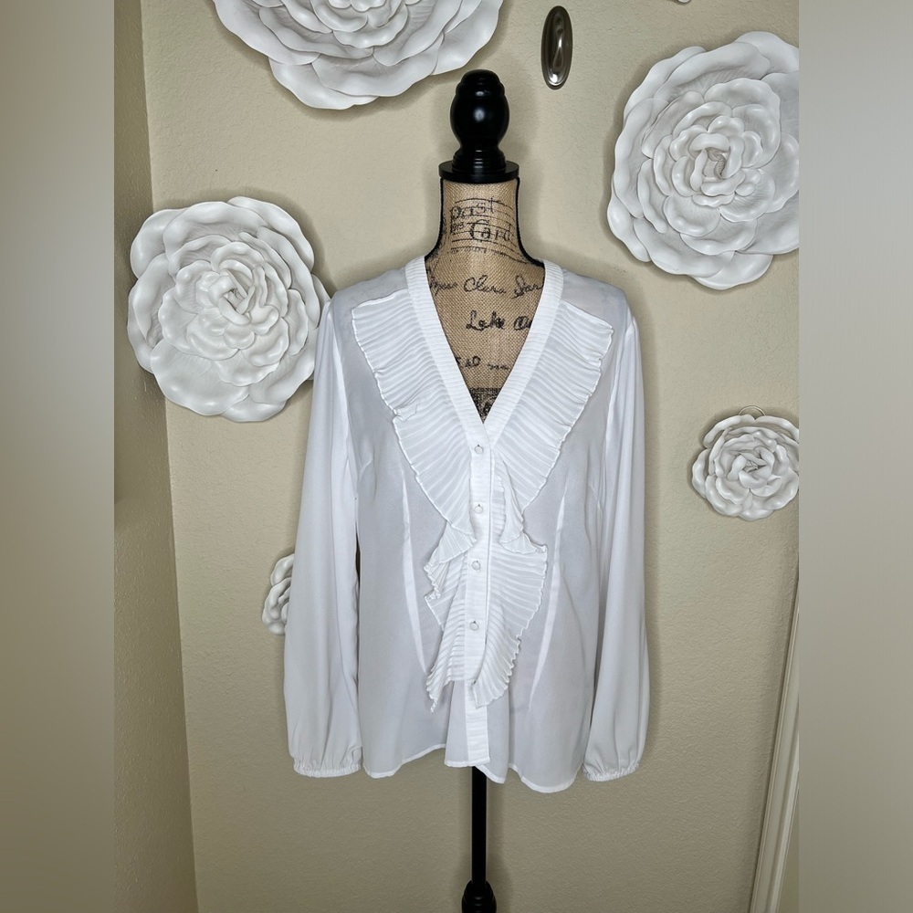 Boston Proper White Sheer Button Down Ruffle Feont Blouse with Darts Sz 16 - Picture 1 of 15
